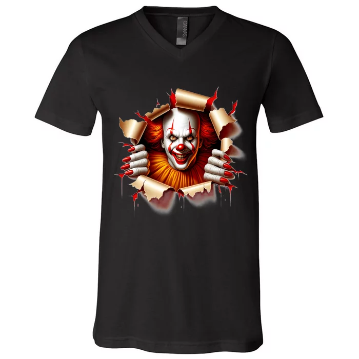 Creepy Halloween Peeking Through Clown V-Neck T-Shirt