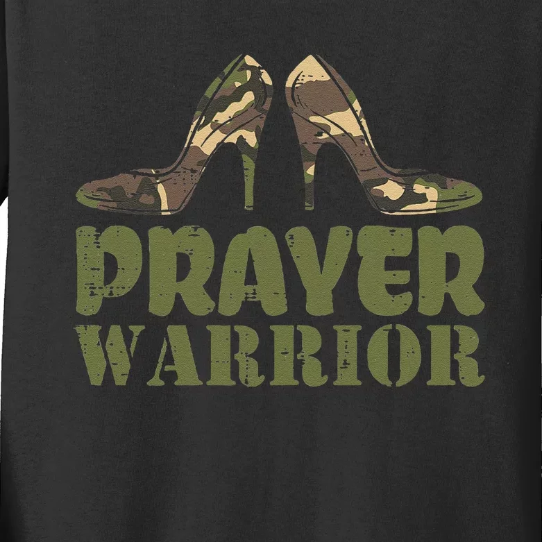 Camo Heels Prayer Warrior Faith God Jesus Christian Kids Long Sleeve Shirt