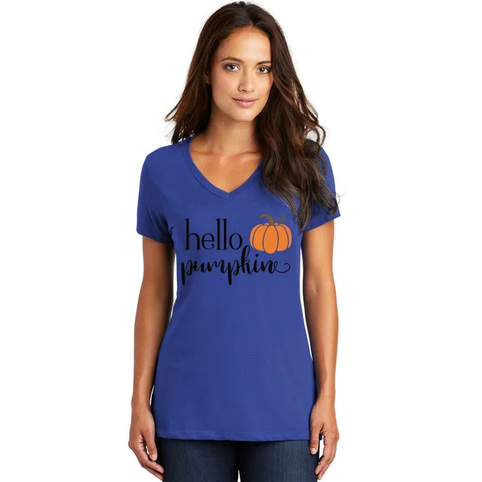 Cute Hello Pumpkin Thanksgiving Autumn Fall Leaves Design Funny Women's V-Neck T-Shirt