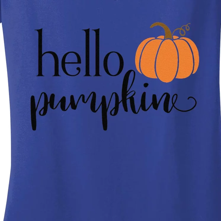 Cute Hello Pumpkin Thanksgiving Autumn Fall Leaves Design Funny Women's V-Neck T-Shirt