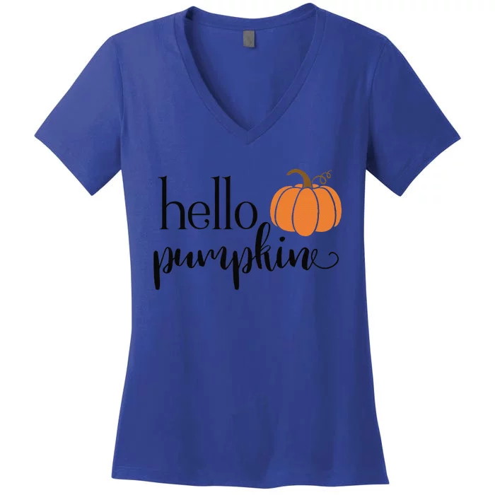 Cute Hello Pumpkin Thanksgiving Autumn Fall Leaves Design Funny Women's V-Neck T-Shirt