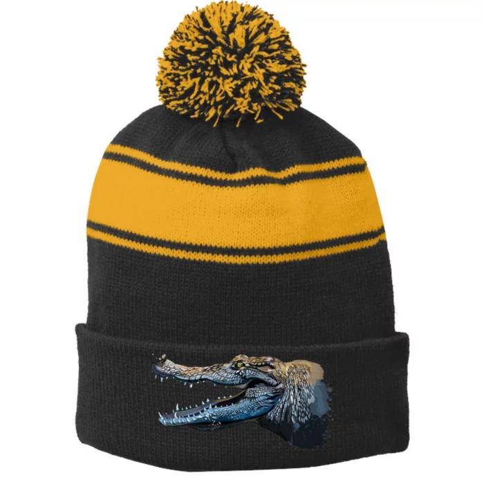 Crocodile Head Portrait From A Splash Stripe Pom Pom Beanie