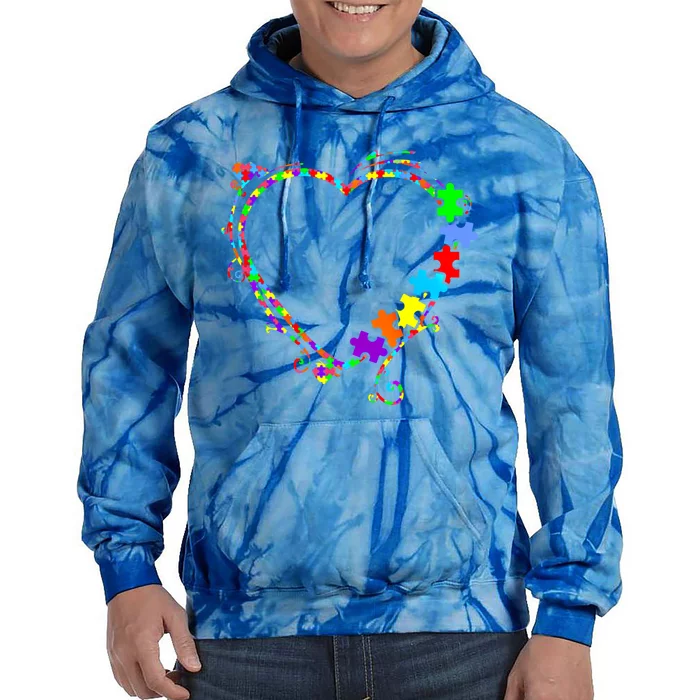 Colorful Heart Puzzle Piece Love Autism Awareness Themed Gift Tie Dye Hoodie