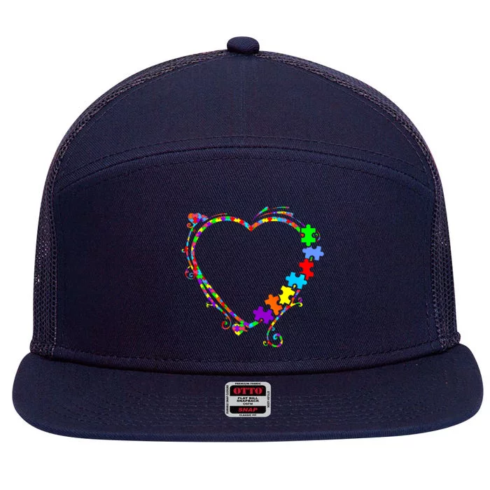 Colorful Heart Puzzle Piece Love Autism Awareness Themed Gift 7 Panel Mesh Trucker Snapback Hat