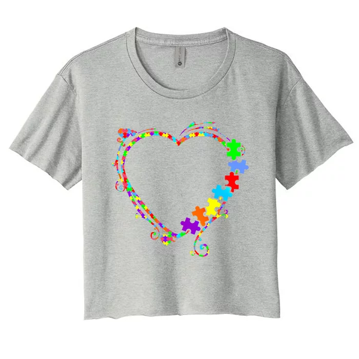 Colorful Heart Puzzle Piece Love Autism Awareness Themed Gift Women's Crop Top Tee