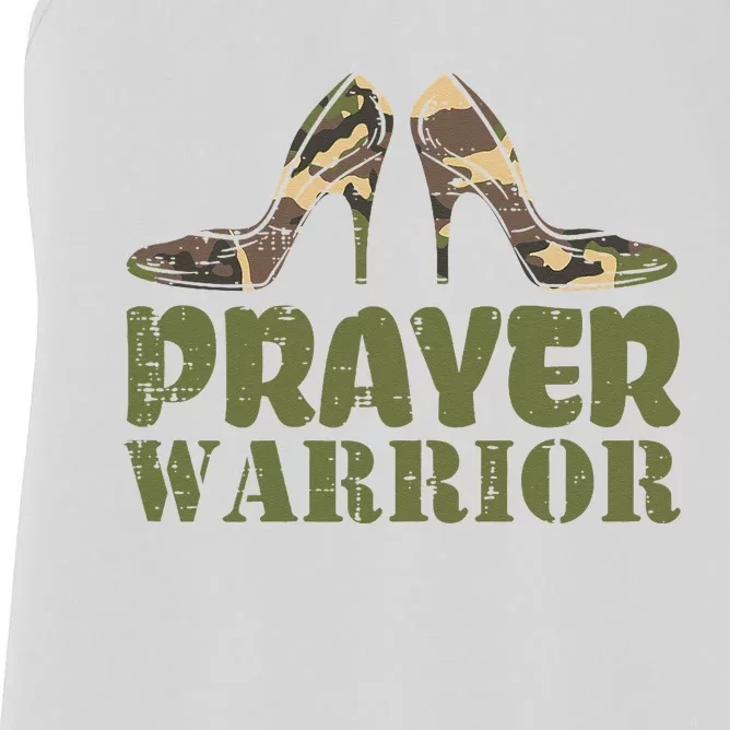 Camo Heels Prayer Warrior Faith God Jesus Christian Women's Racerback Tank