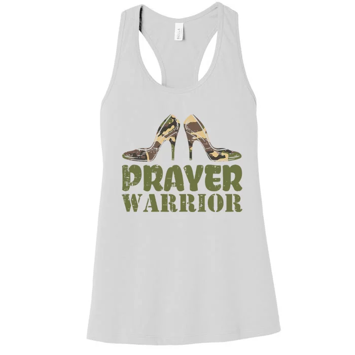 Camo Heels Prayer Warrior Faith God Jesus Christian Women's Racerback Tank