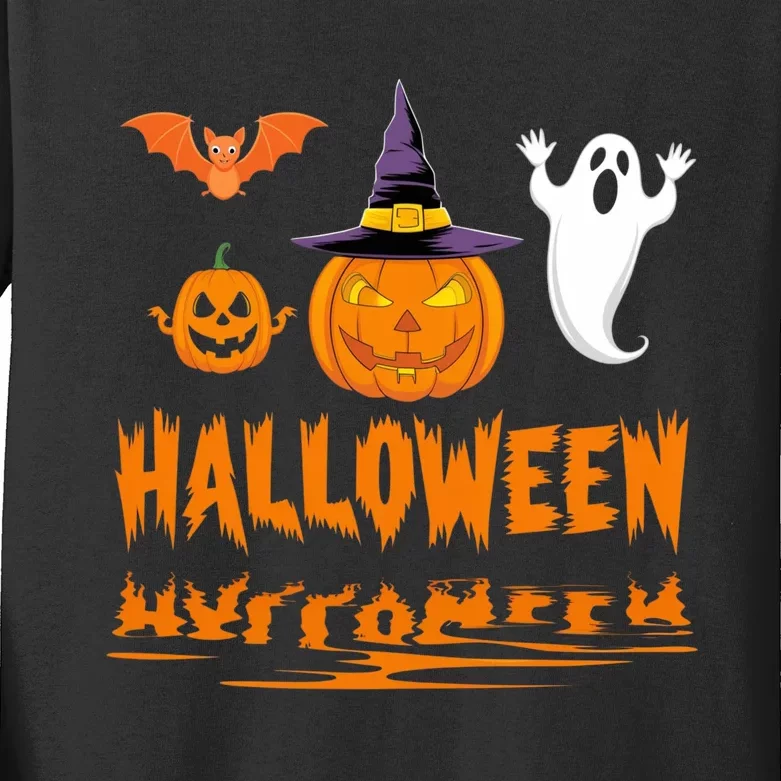 Cute Halloween Reflections Pumpkin Bat And Ghost Design Kids Long Sleeve Shirt