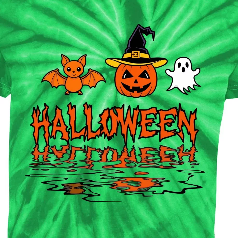 Cute Halloween Reflections Pumpkin Bat And Ghost Design Kids Tie-Dye T-Shirt