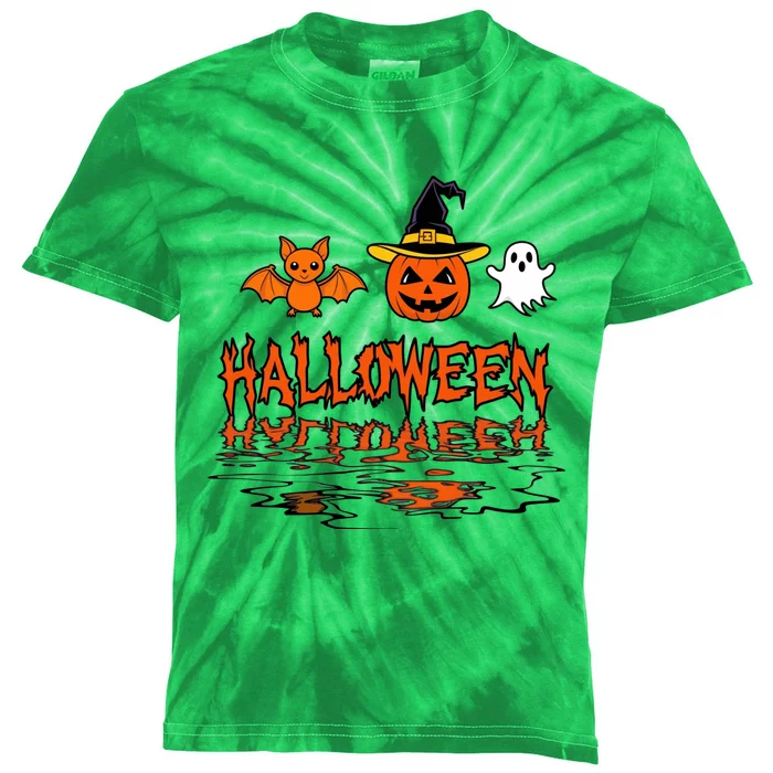 Cute Halloween Reflections Pumpkin Bat And Ghost Design Kids Tie-Dye T-Shirt