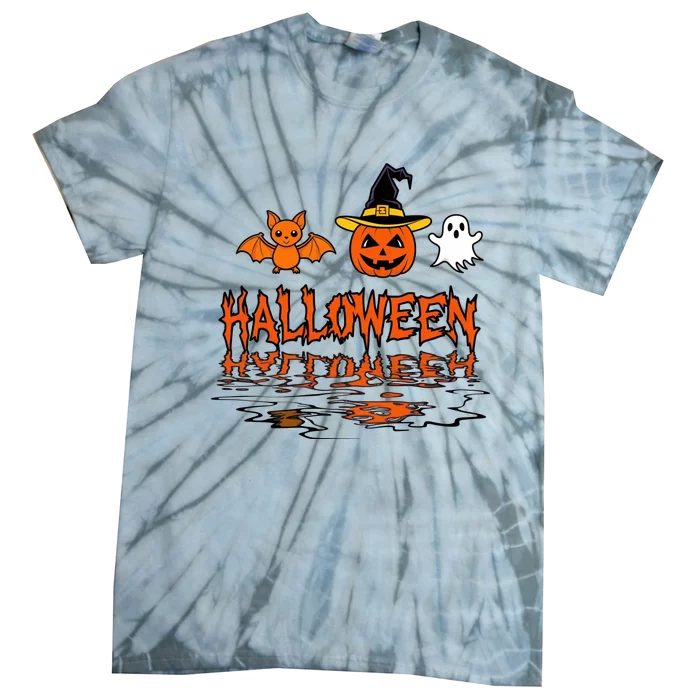 Cute Halloween Reflections Pumpkin Bat And Ghost Design Tie-Dye T-Shirt