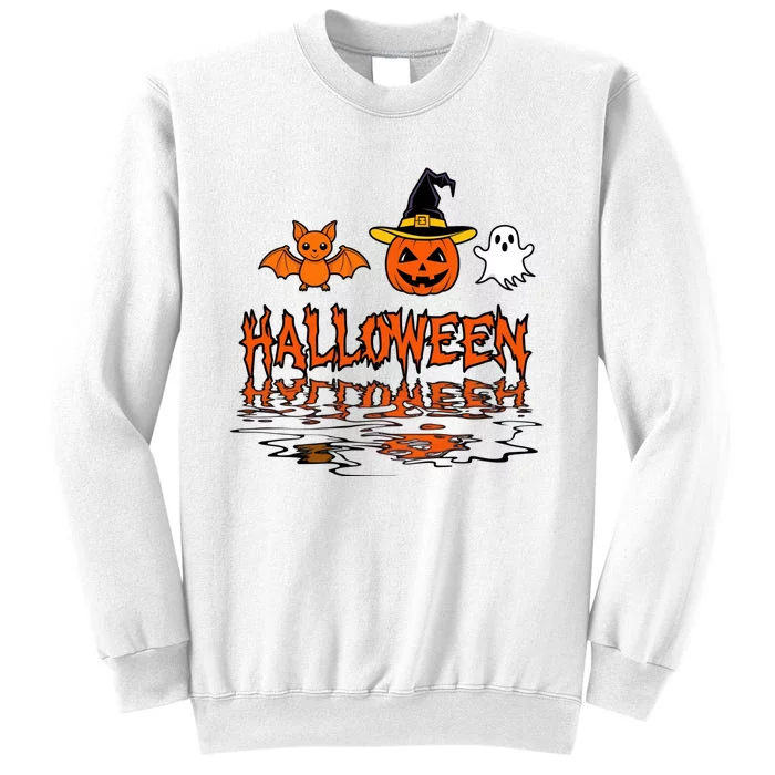 Cute Halloween Reflections Pumpkin Bat And Ghost Design Sweatshirt