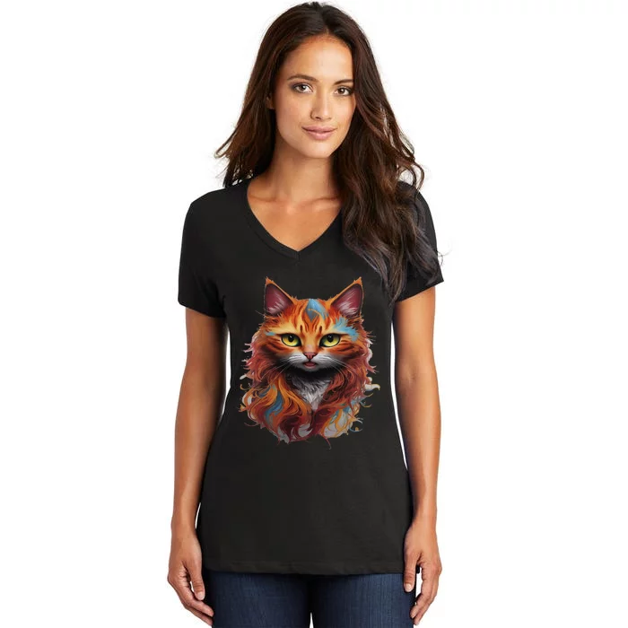 Cat Haed Realistic Watercolor Cute Cat Paint Colorful Cat Women's V-Neck T-Shirt