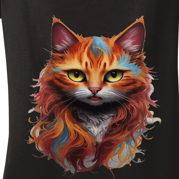 Cat Haed Realistic Watercolor Cute Cat Paint Colorful Cat Women's V-Neck T-Shirt