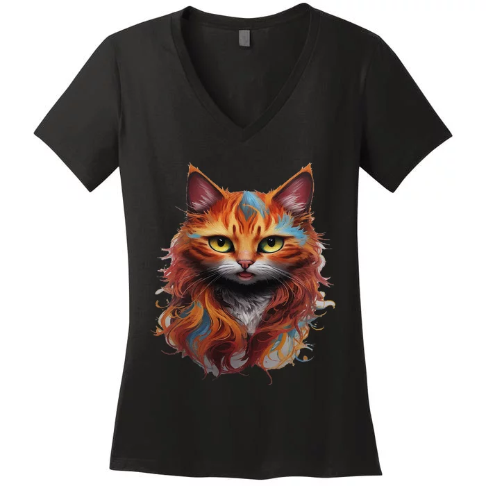 Cat Haed Realistic Watercolor Cute Cat Paint Colorful Cat Women's V-Neck T-Shirt