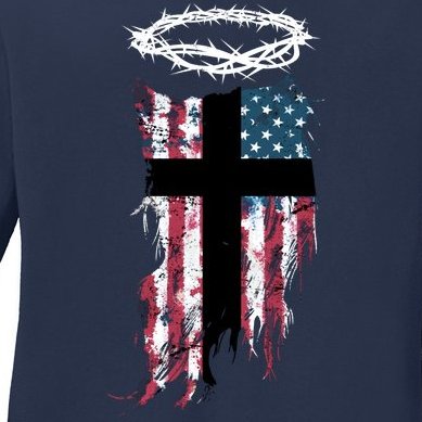 Christian Patriotic USA Flag Ladies Missy Fit Long Sleeve Shirt