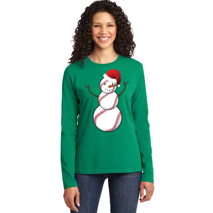 Christmas Baseball Snowman Ladies Long Sleeve Shirt