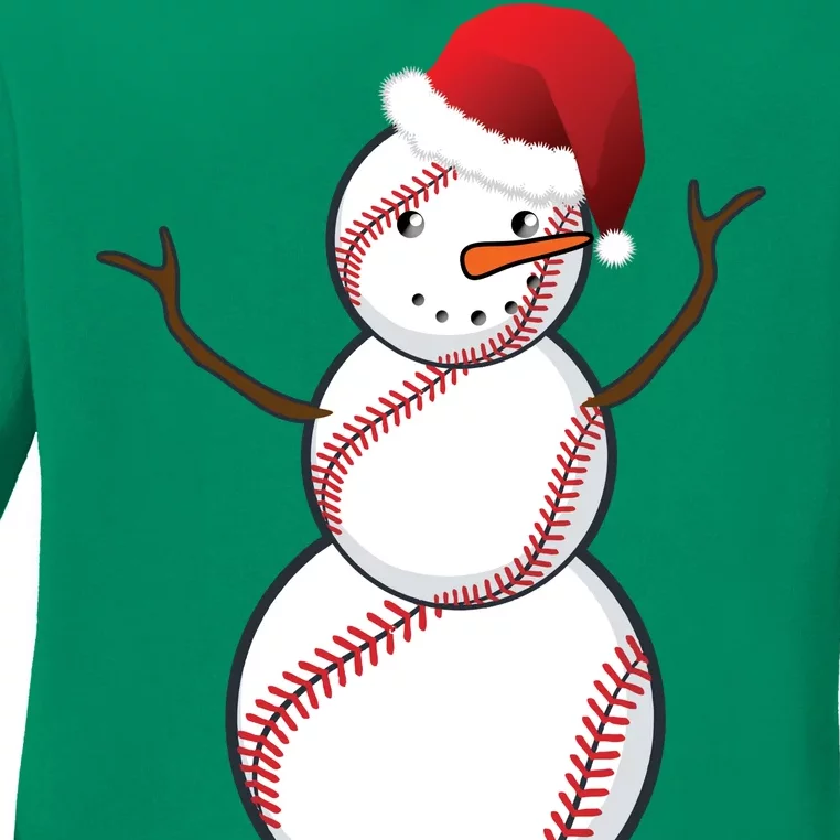 Christmas Baseball Snowman Ladies Long Sleeve Shirt