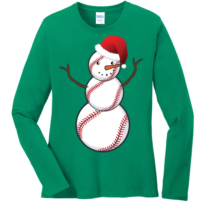 Christmas Baseball Snowman Ladies Long Sleeve Shirt