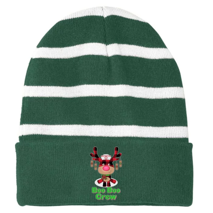 Christmas Boo Boo Crew Reindeer Nurse Striped Beanie with Solid Band