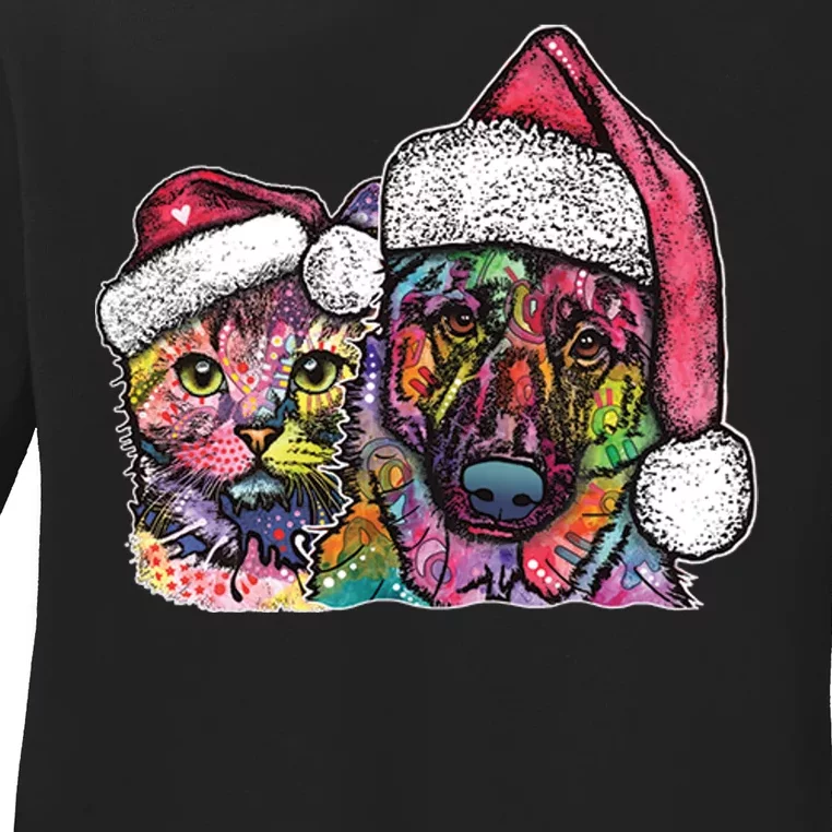 Christmas Cat & Dog W/Hat Dean Russo Ladies Long Sleeve Shirt