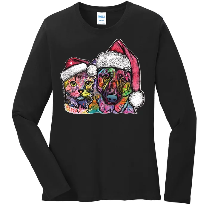 Christmas Cat & Dog W/Hat Dean Russo Ladies Long Sleeve Shirt