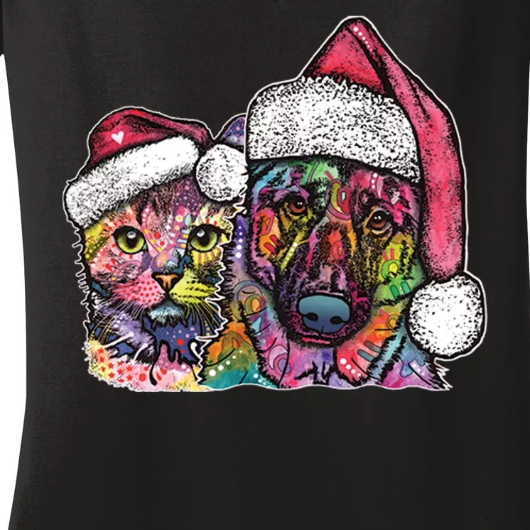 Christmas Cat & Dog W/Hat Dean Russo Women's V-Neck T-Shirt