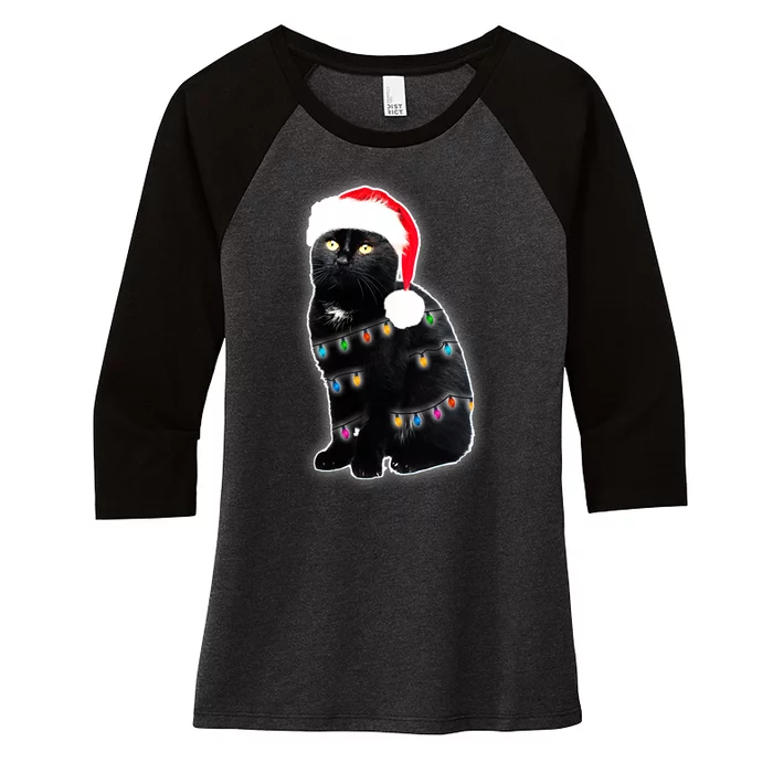 Christmas Cat Lights Women's Tri-Blend 3/4-Sleeve Raglan Shirt