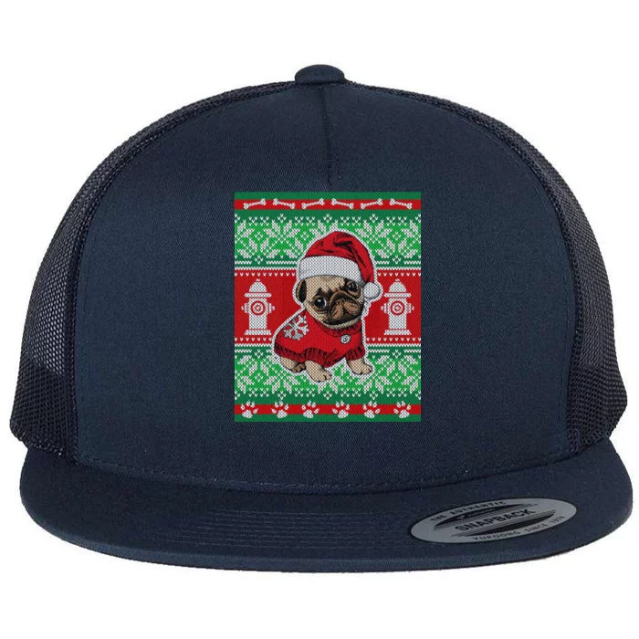 Christmas Cute Pug Ugly Sweater Flat Bill Trucker Hat