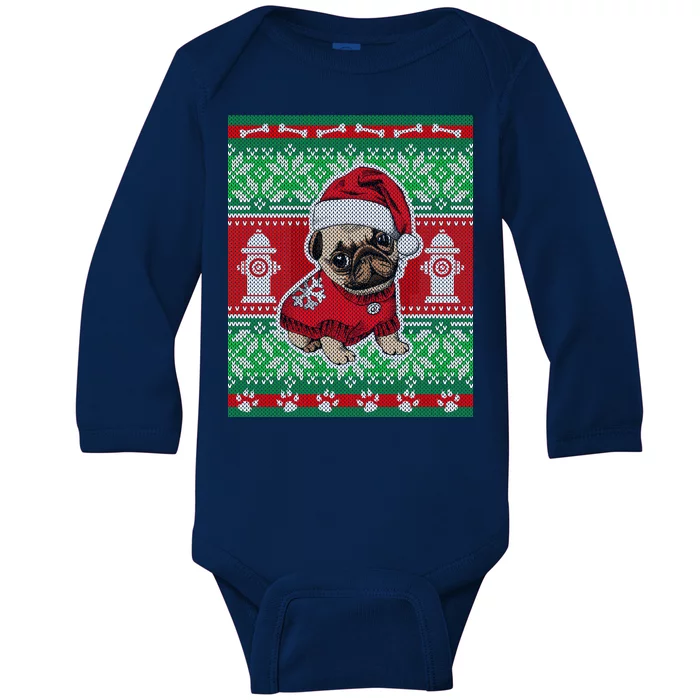 Christmas Cute Pug Ugly Sweater Baby Long Sleeve Bodysuit