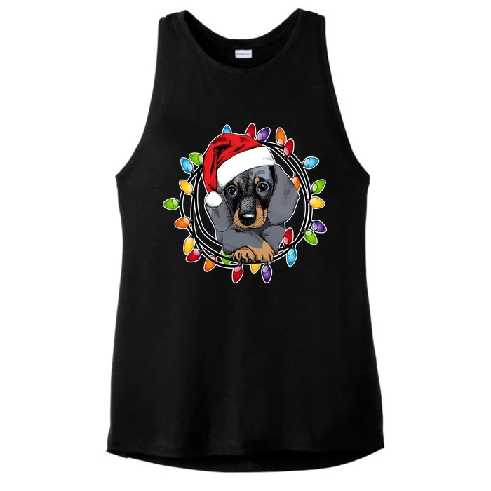 Christmas Dachshund Lights Ladies Tri-Blend Wicking Tank