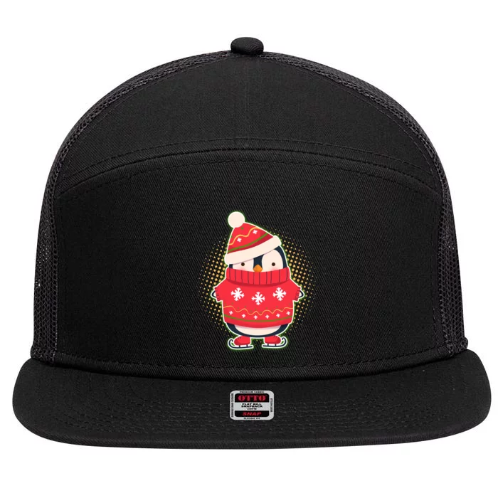 Christmas Holiday Penguin Skates 7 Panel Mesh Trucker Snapback Hat