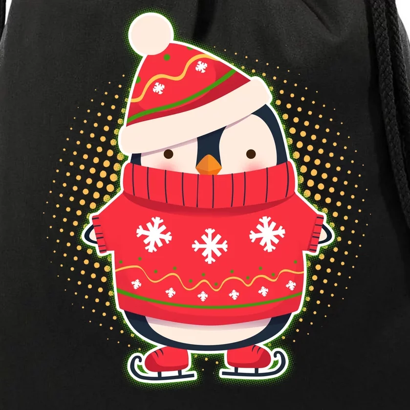 Christmas Holiday Penguin Skates Drawstring Bag