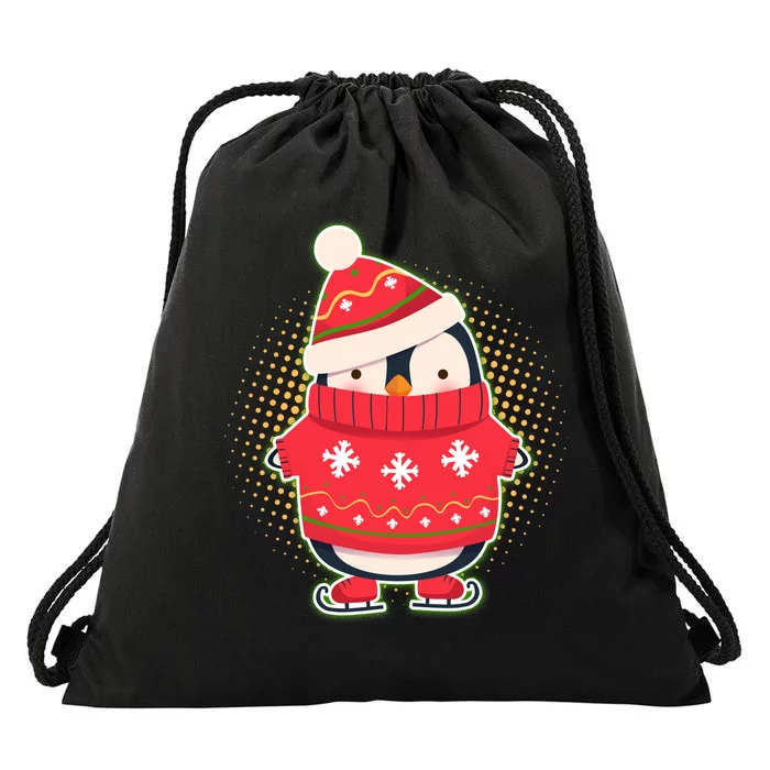 Christmas Holiday Penguin Skates Drawstring Bag