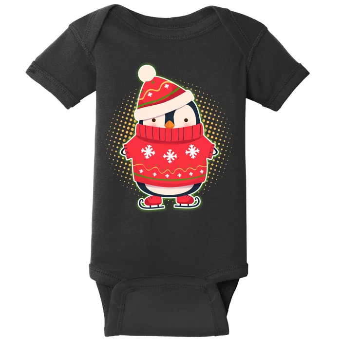 Christmas Holiday Penguin Skates Baby Bodysuit