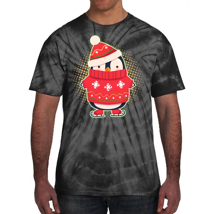 Christmas Holiday Penguin Skates Tie-Dye T-Shirt