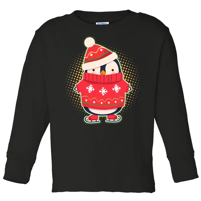 Christmas Holiday Penguin Skates Toddler Long Sleeve Shirt