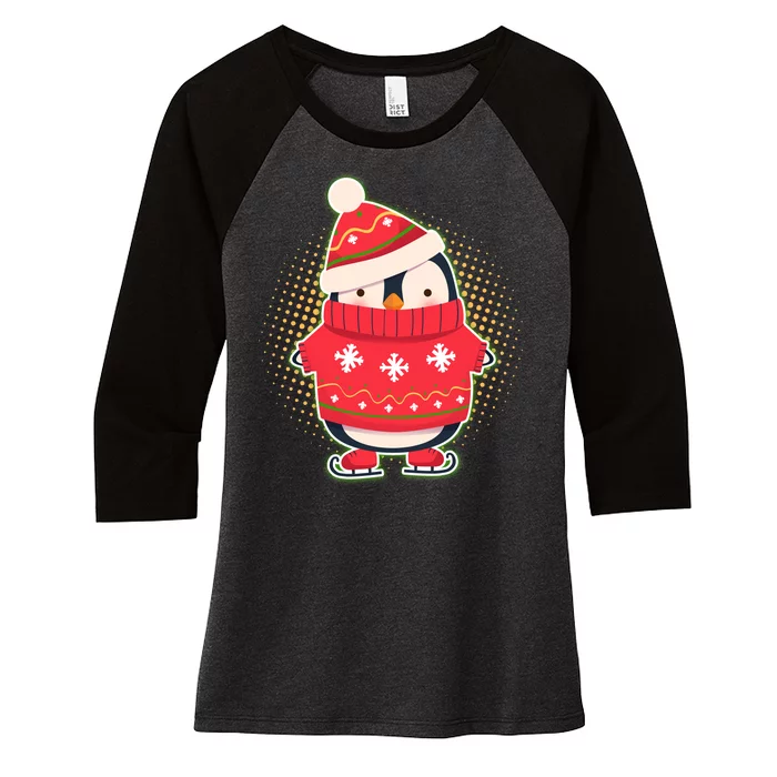 Christmas Holiday Penguin Skates Women's Tri-Blend 3/4-Sleeve Raglan Shirt