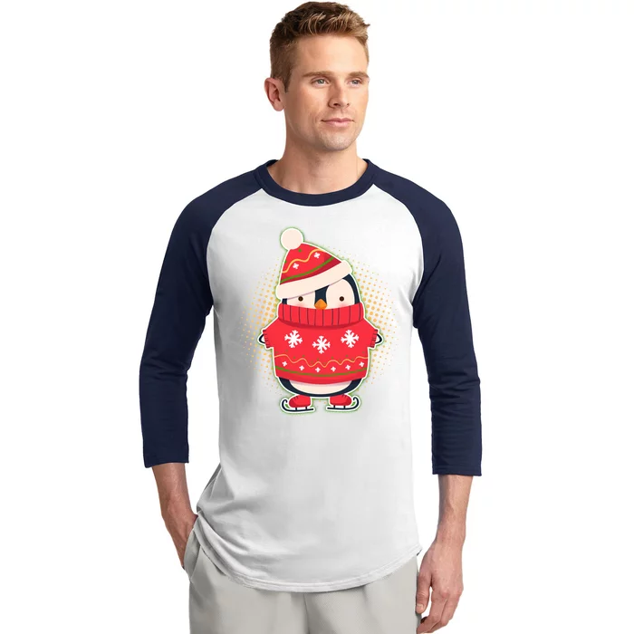 Christmas Holiday Penguin Skates Baseball Sleeve Shirt