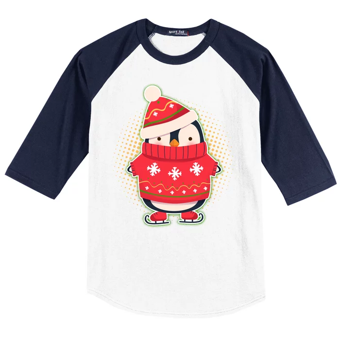 Christmas Holiday Penguin Skates Baseball Sleeve Shirt