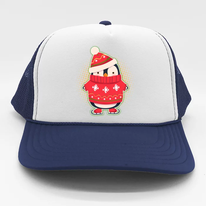 Christmas Holiday Penguin Skates Trucker Hat