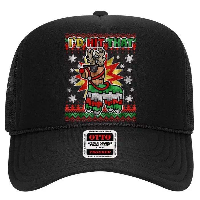 Christmas I'd Hit That Llama Pinata Ugly Sweater High Crown Mesh Trucker Hat