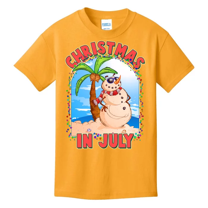 Christmas In July Beach Sand Snowman Kids T-Shirt