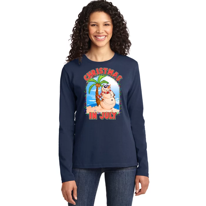 Christmas In July Beach Sand Snowman Ladies Long Sleeve Shirt