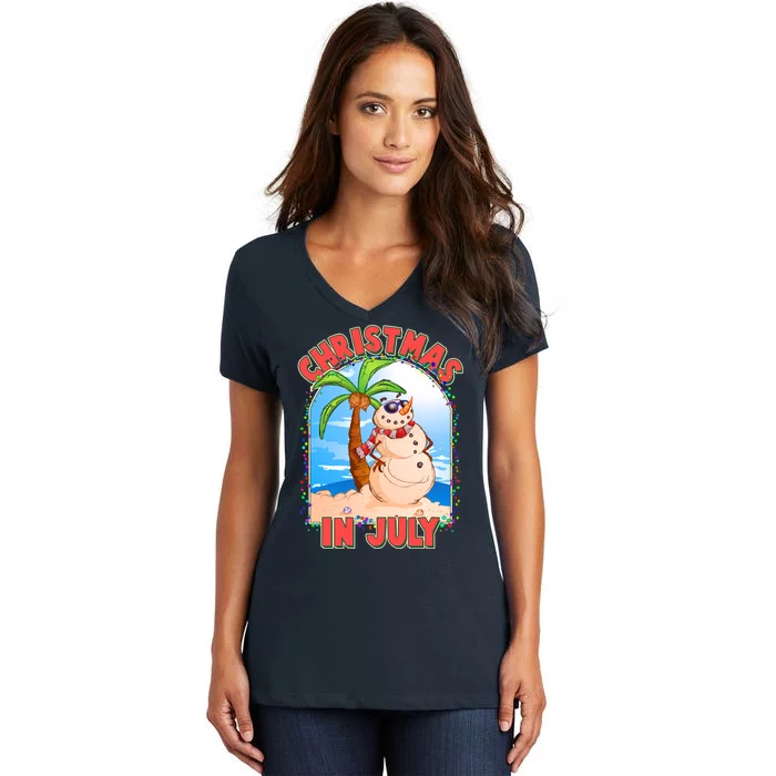 Christmas In July Beach Sand Snowman Women's V-Neck T-Shirt