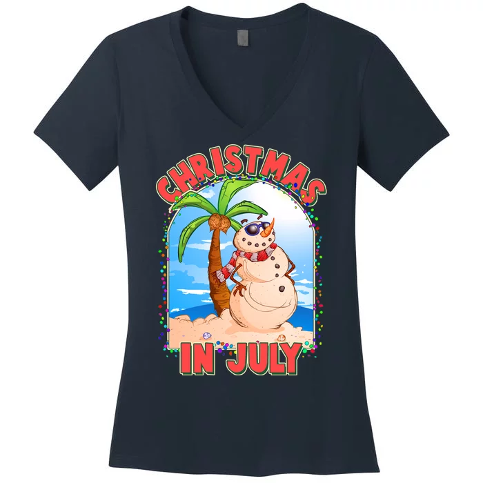 Christmas In July Beach Sand Snowman Women's V-Neck T-Shirt