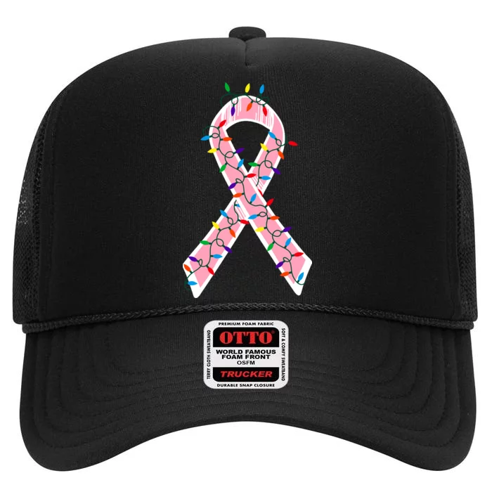 Christmas Lights Breast Cancer Ribbon High Crown Mesh Trucker Hat