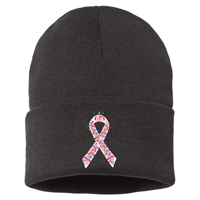 Christmas Lights Breast Cancer Ribbon Sustainable Knit Beanie