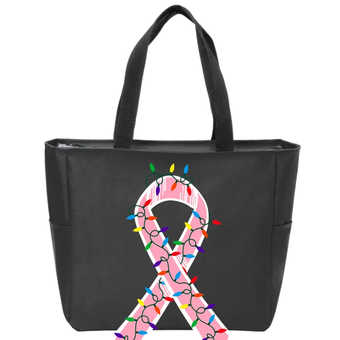 Christmas Lights Breast Cancer Ribbon Zip Tote Bag