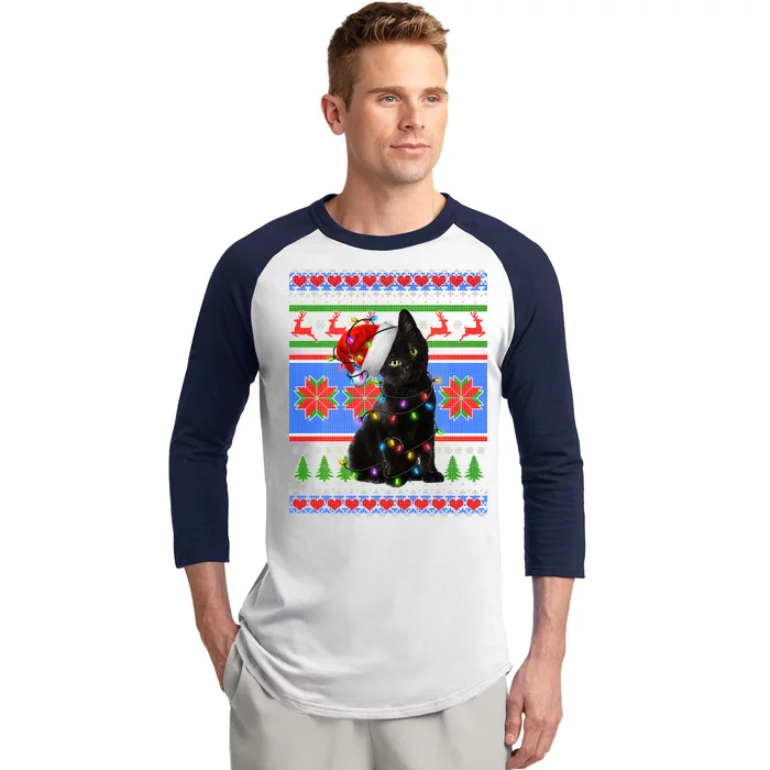 Christmas Lights Santa Cat Ugly Baseball Sleeve Shirt